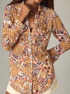 PILCRO Anthropologie Boho Floral Paisley Viscose Button Down Shirt Mustard - S